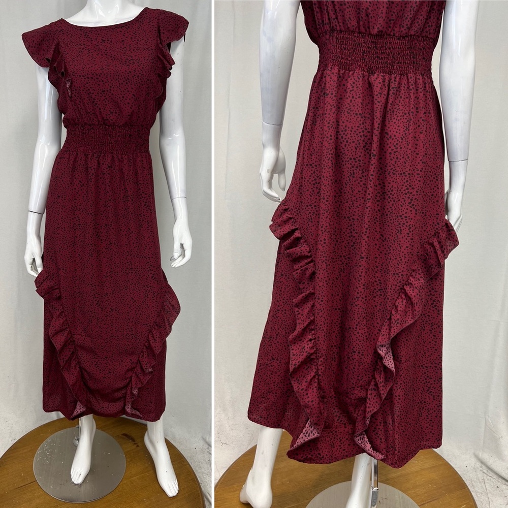 Women's Bohemian Outsider Sleeveless Ruffles Red Black Pattern XL Maxi Dress
